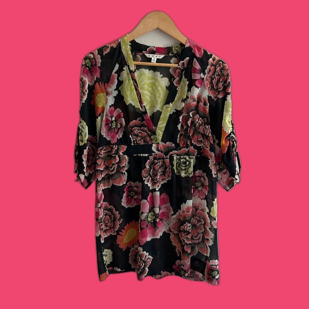 CAbi Floral Pink Green Blouse Dress Plunge Neck 3/4 Sleeve Size S